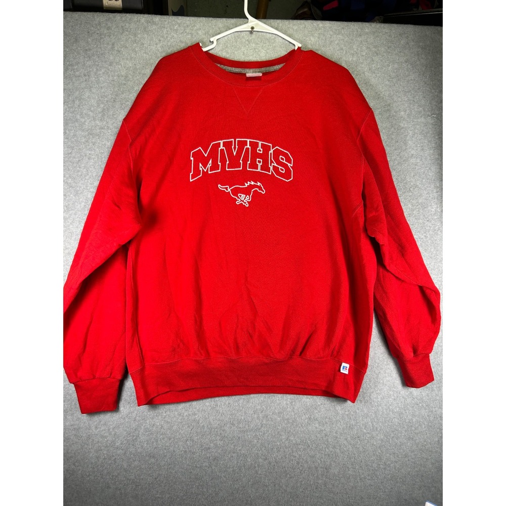 Russell Athletic MVHS Mustang Red Crewneck Sweatshirt Mens XL Fleece Pullover